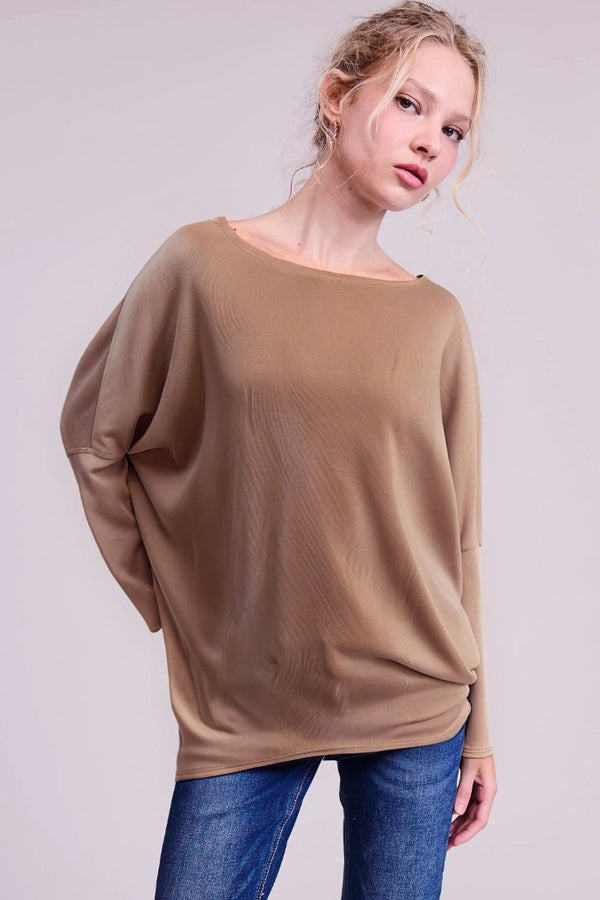 Dolman Sleeve Scuba Tunic Top - mocha