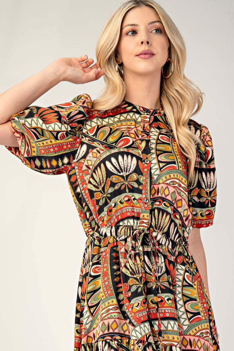 Multicolor Tie Waist Tiered Dress