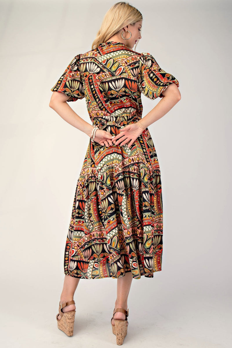 Multicolor Tie Waist Tiered Dress