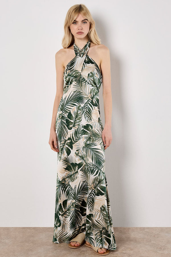 Tropical Leaf Satin Maxi Dress