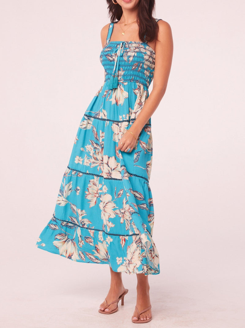 band of the free ida maxi dress, smocked bodice, tiered skirt, pompom trim, turquoise, cream floral print