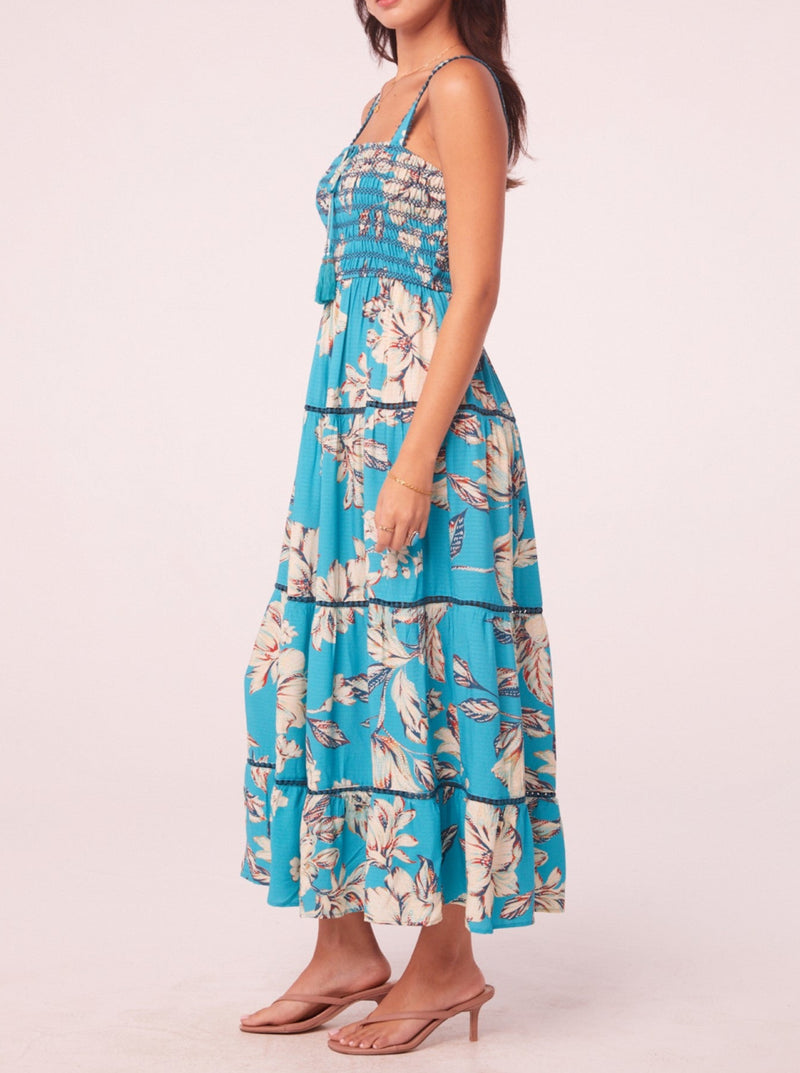 band of the free ida maxi dress, smocked bodice, tiered skirt, pompom trim, turquoise, cream floral print