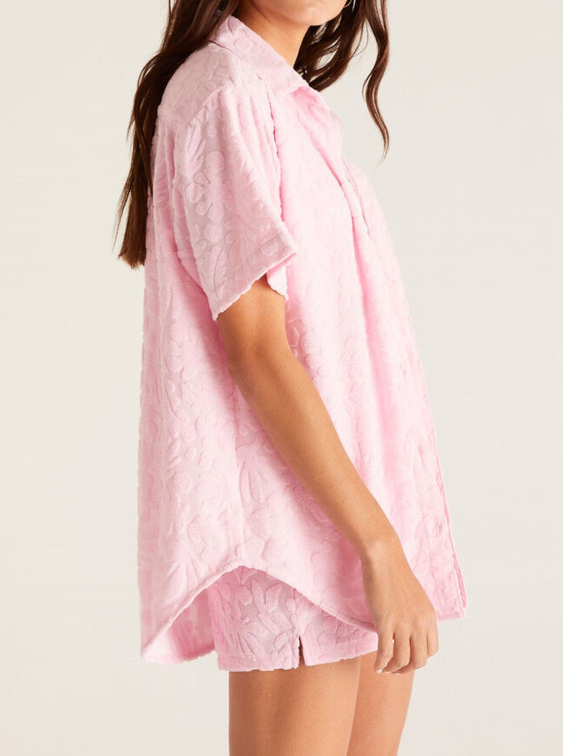 z supply see ya jacquard terry shirt, short sleeves, button front, paradise pink
