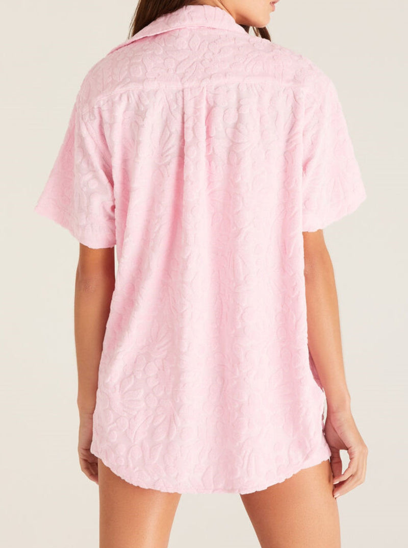 z supply see ya jacquard terry shirt, short sleeves, button front, paradise pink