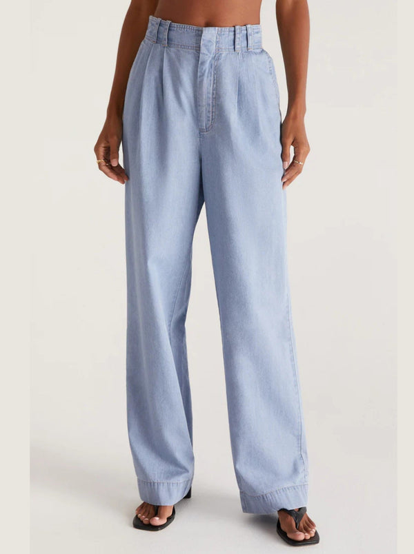 z supply Farah Chambray Trouser, zip fly, elastic back, pockets, wide leg, full length, twill, light chambray