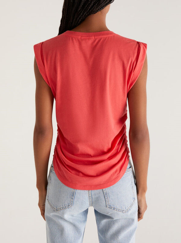 z supply lorelie shirred cotton jersey knit top, sleeveless, shirred side seams, mineral red