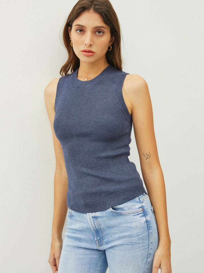 Sleeveless Ribbed Knit Tank Top - dark denim