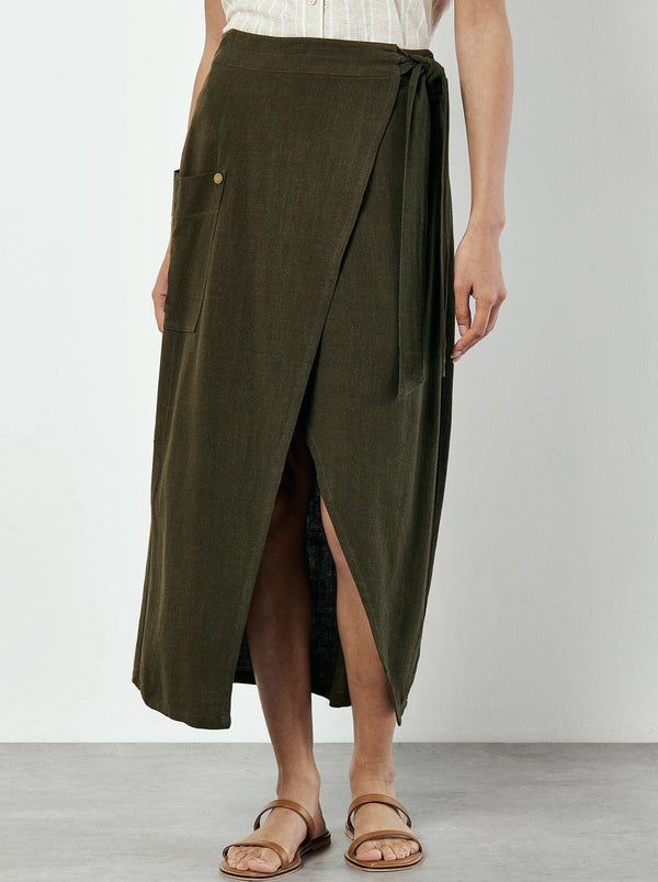 Linen Blend Cargo Wrap Skirt