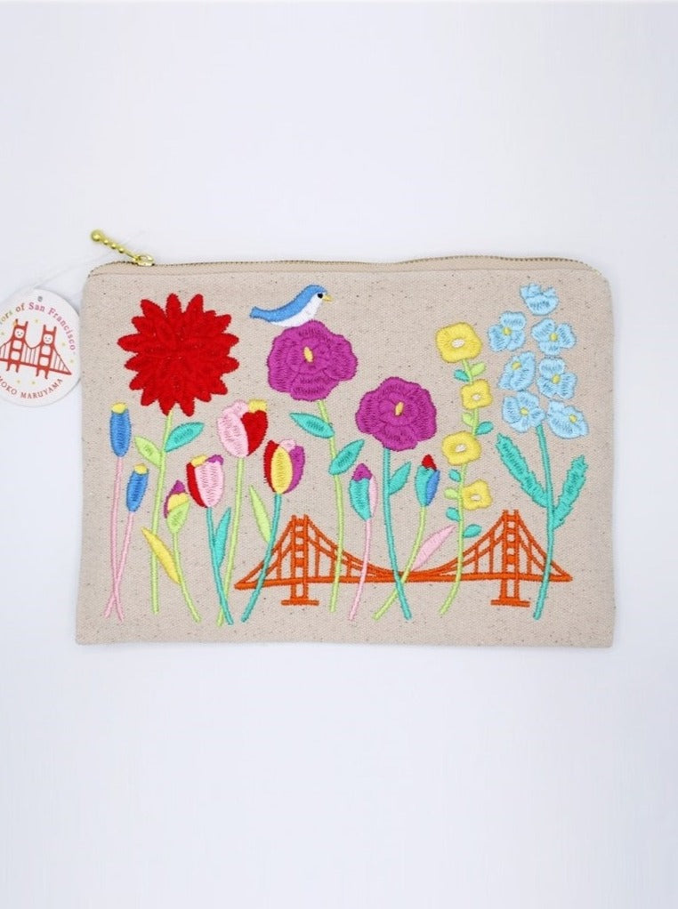 Embroidered San Francisco Flowers Pouch