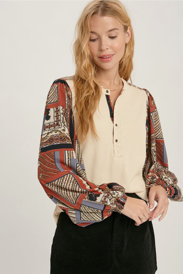 Henley Top With Contrast Sleeves