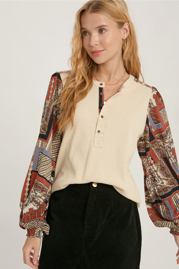 Henley Top With Contrast Sleeves