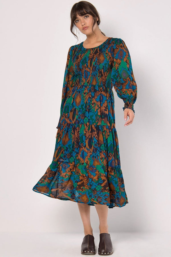 Ikat Chiffon Smocked Midi Dress