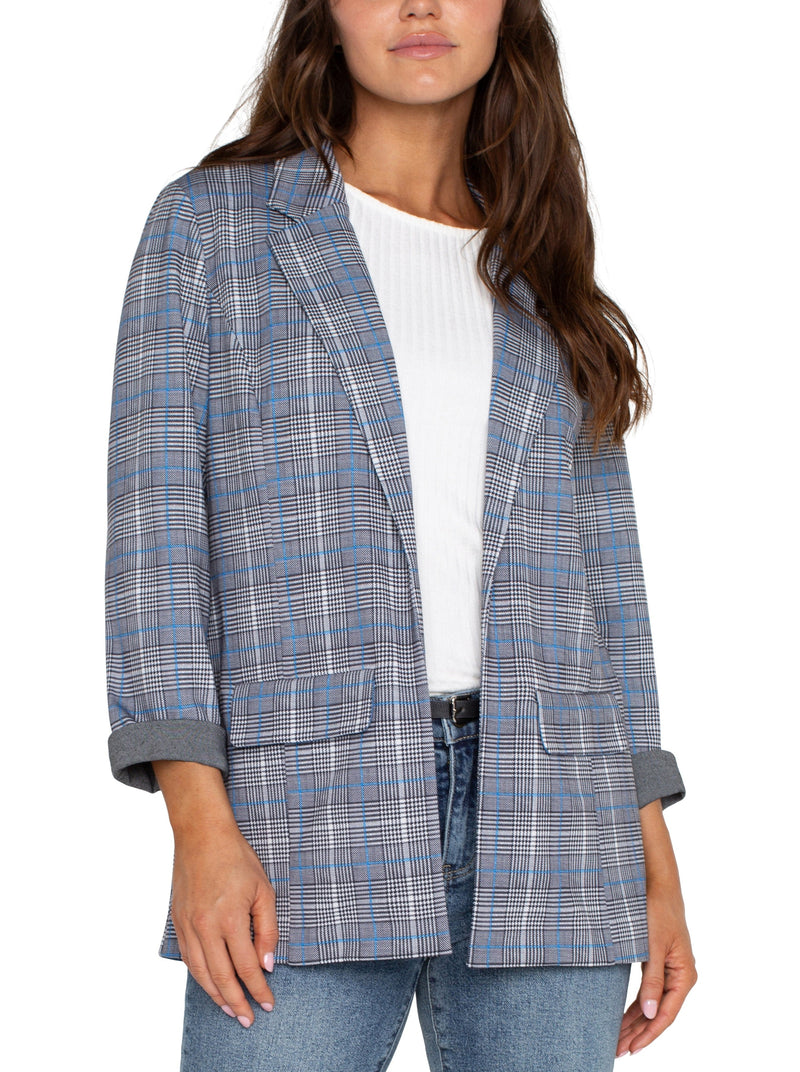 Glen Plaid Boyfriend Blazer - blue topaz