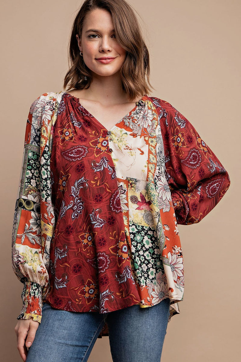 Patchwork Button Front Blouse - marsala