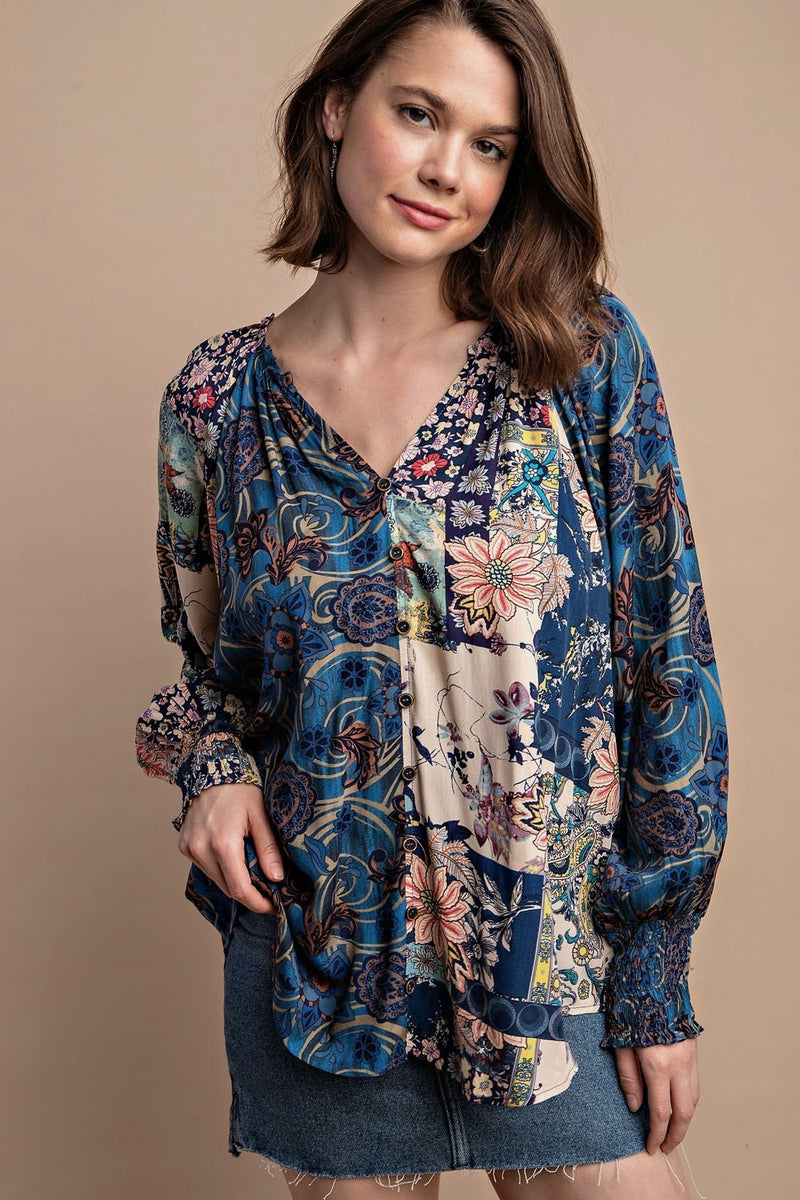 Patchwork Button Front Blouse