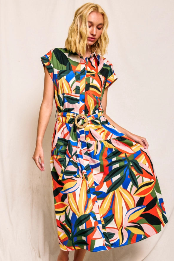 Tropical Kaleidoscope Sash Belt Shirt Dress