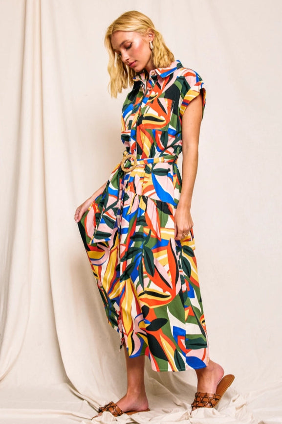 Tropical Kaleidoscope Sash Belt Shirt Dress