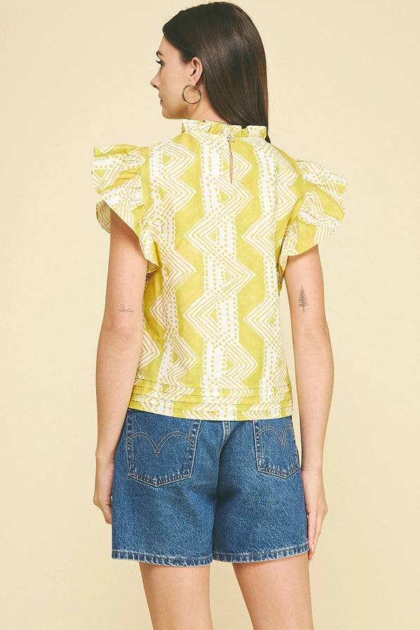 Print Ruffled Sleeve Bouse