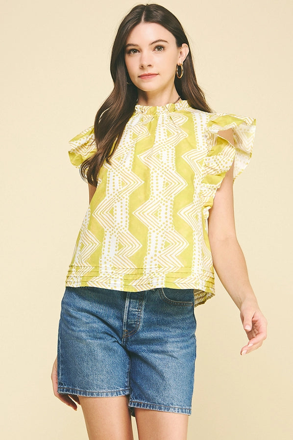 Print Ruffled Sleeve Bouse