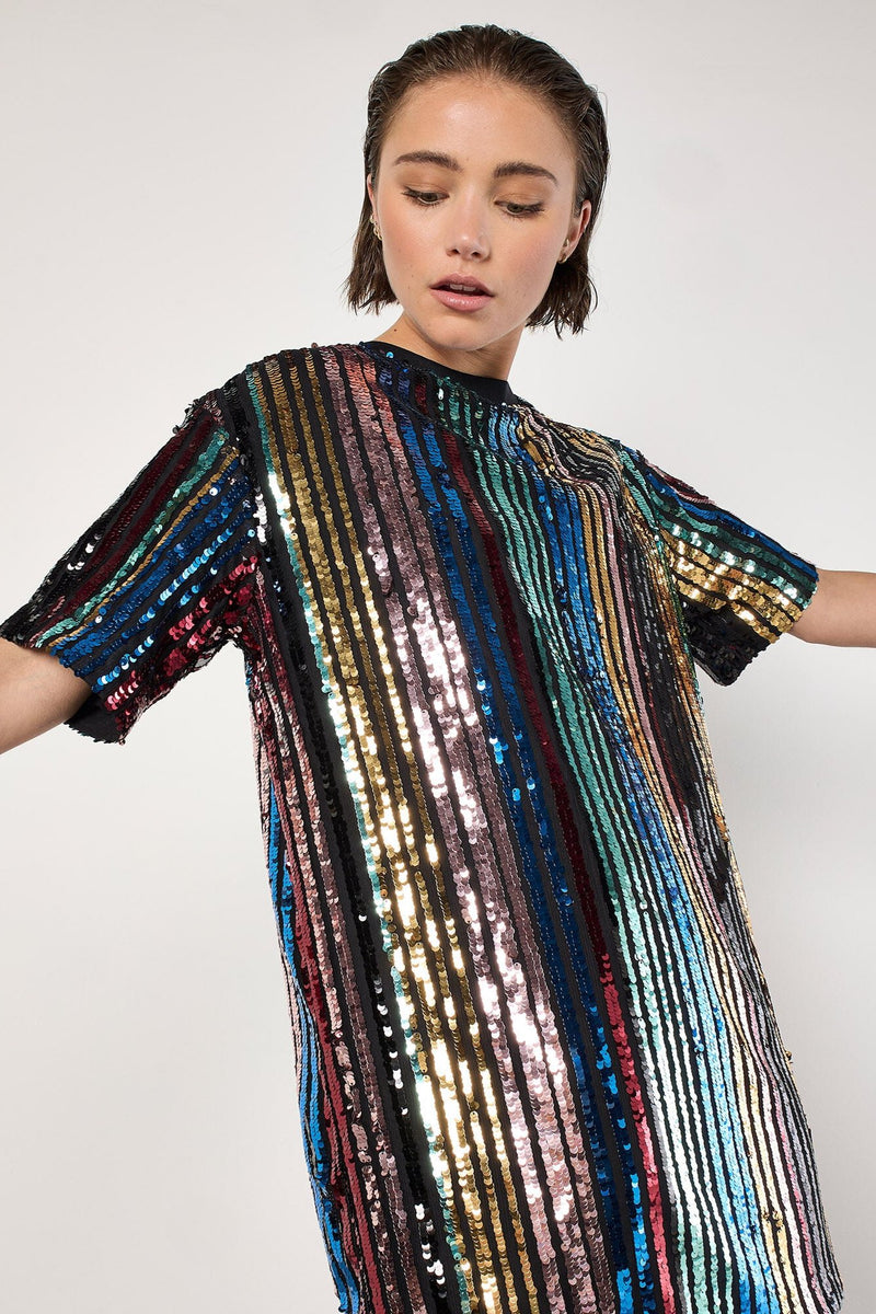 Rainbow Sequin Stripe T-shirt Dress