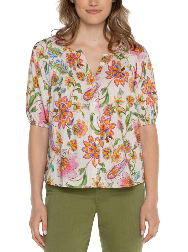 Shirred Floral Button Front Top