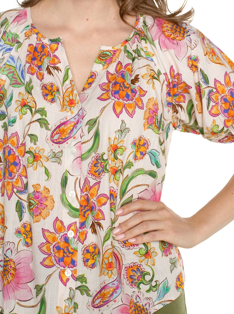 Shirred Floral Button Front Top