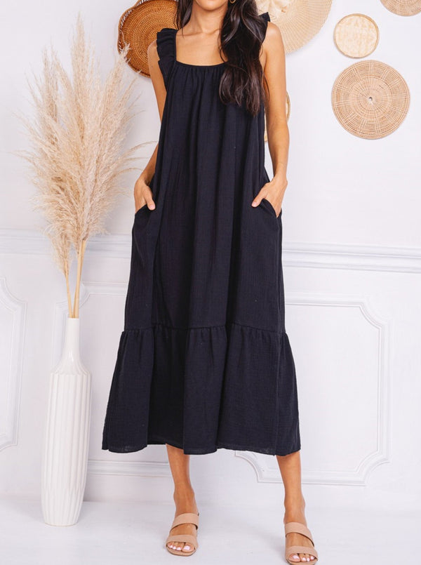 charlotte avery Sleeveless Gauze Maxi Dress, ruffle tank straps, side pockets, ruffle hem, black