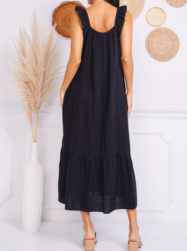charlotte avery Sleeveless Gauze Maxi Dress, ruffle tank straps, side pockets, ruffle hem, black