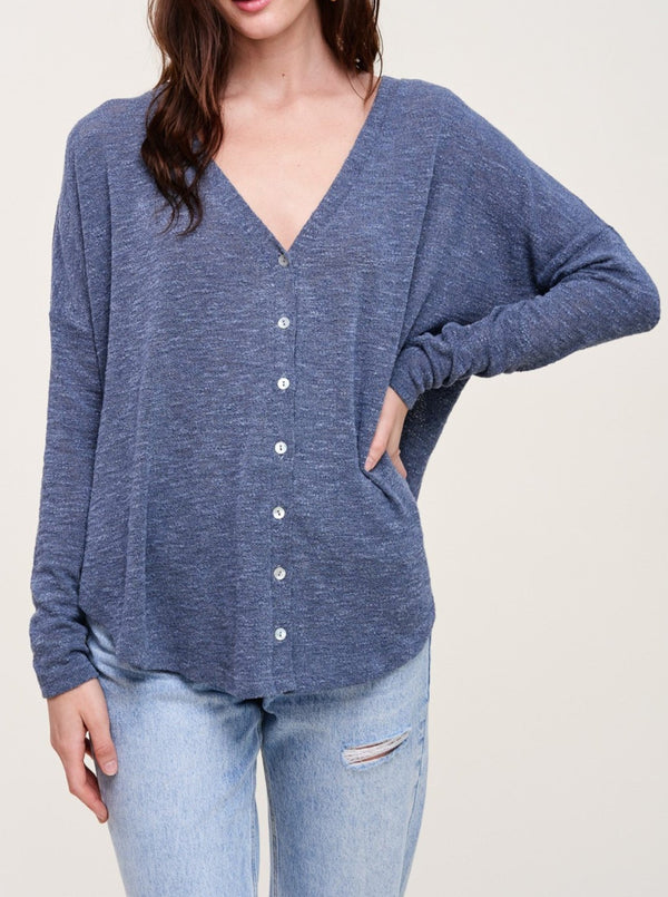 charlotte avery Slub Knit Button Front Top, v neck, long sleeves, lightweight textured knit, indigo