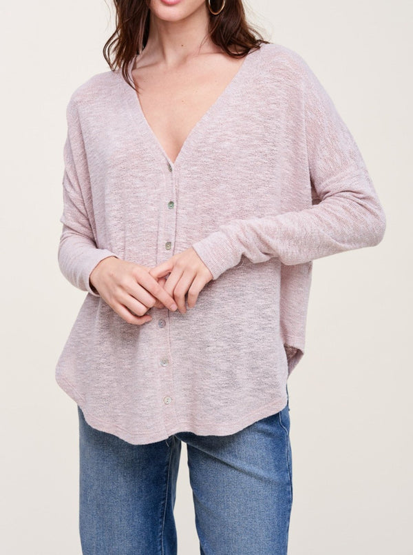 charlotte avery Slub Knit Button Front Top, v neck, long sleeves, lightweight textured knit, lavender