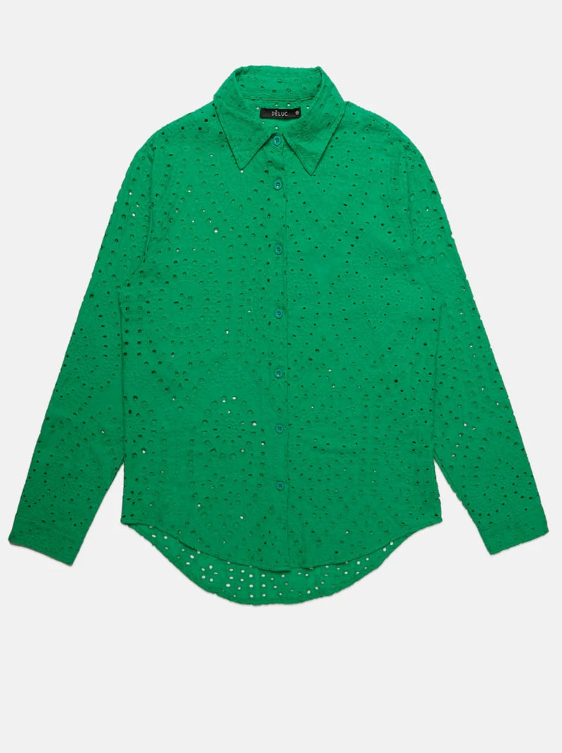deluc alioth embroidered long sleeve shirt, collar, button front, long sleeves, parrot green