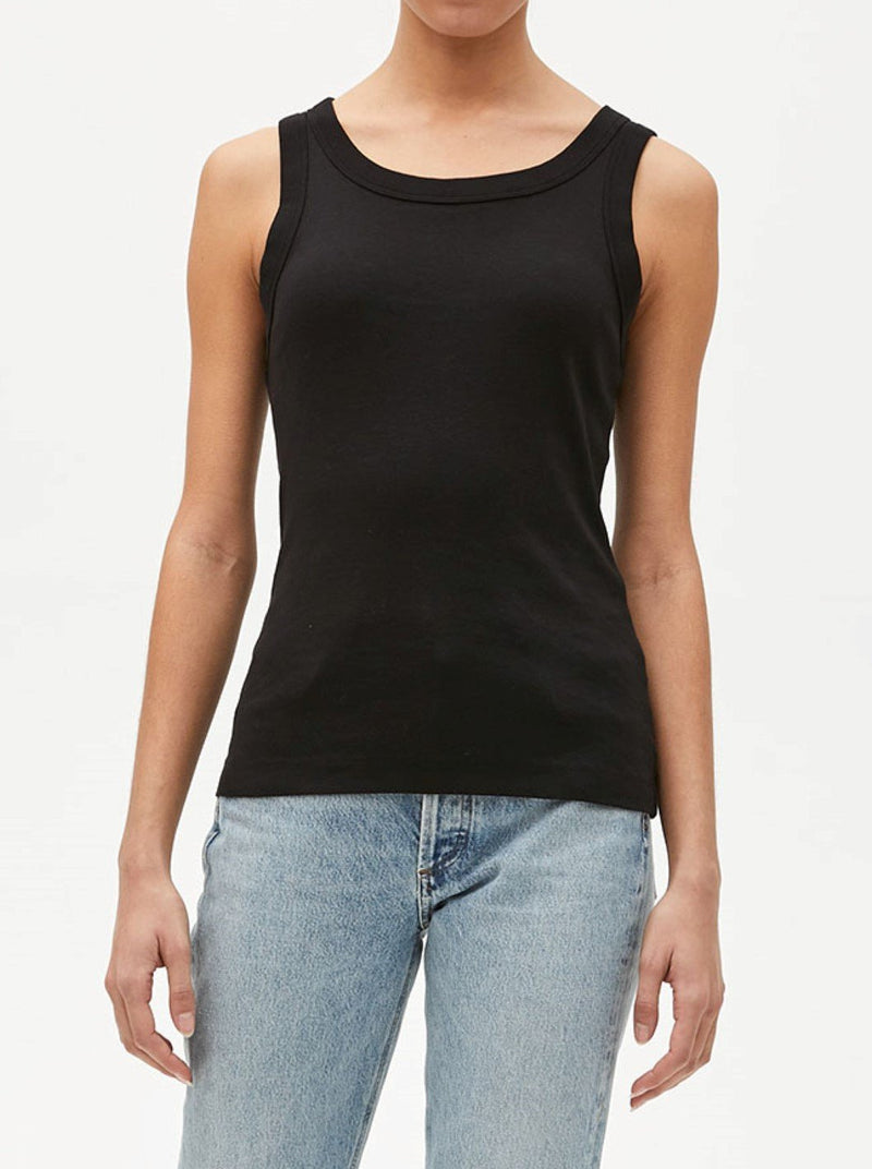 Michael Stars | Paloma Wide Binding Tank in Black | front view on model