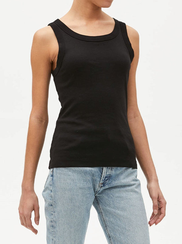Michael Stars | Paloma Wide Binding Tank in Black | front-side view on model