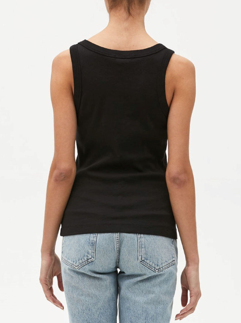 Michael Stars | Paloma Wide Binding Tank in Black | back view on model