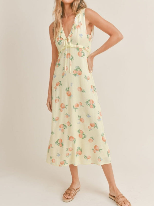 sadie and sage Mimosa Moment Ruffle Midi Dress, allover peach fruit print, sleeveless, empire waist, lemon