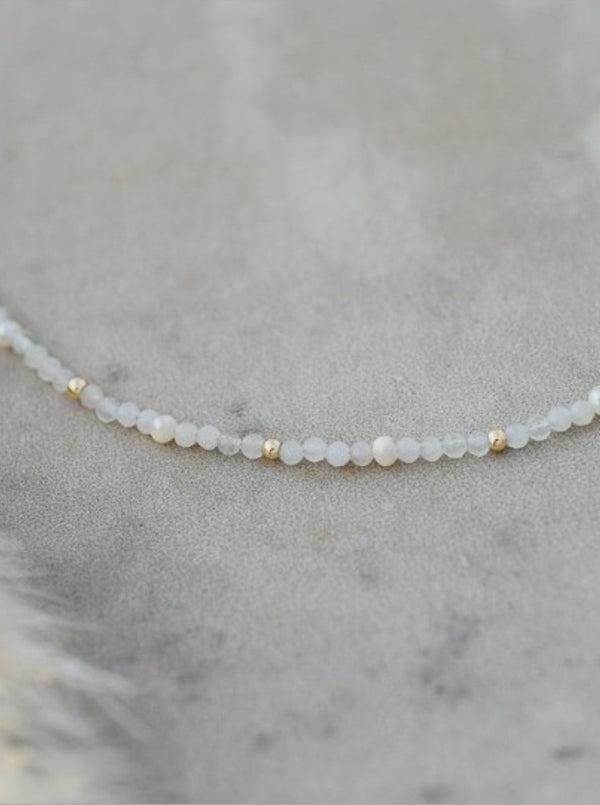 Beth necklace, white moonstone, freshwater pearls, 10-14k gold chain