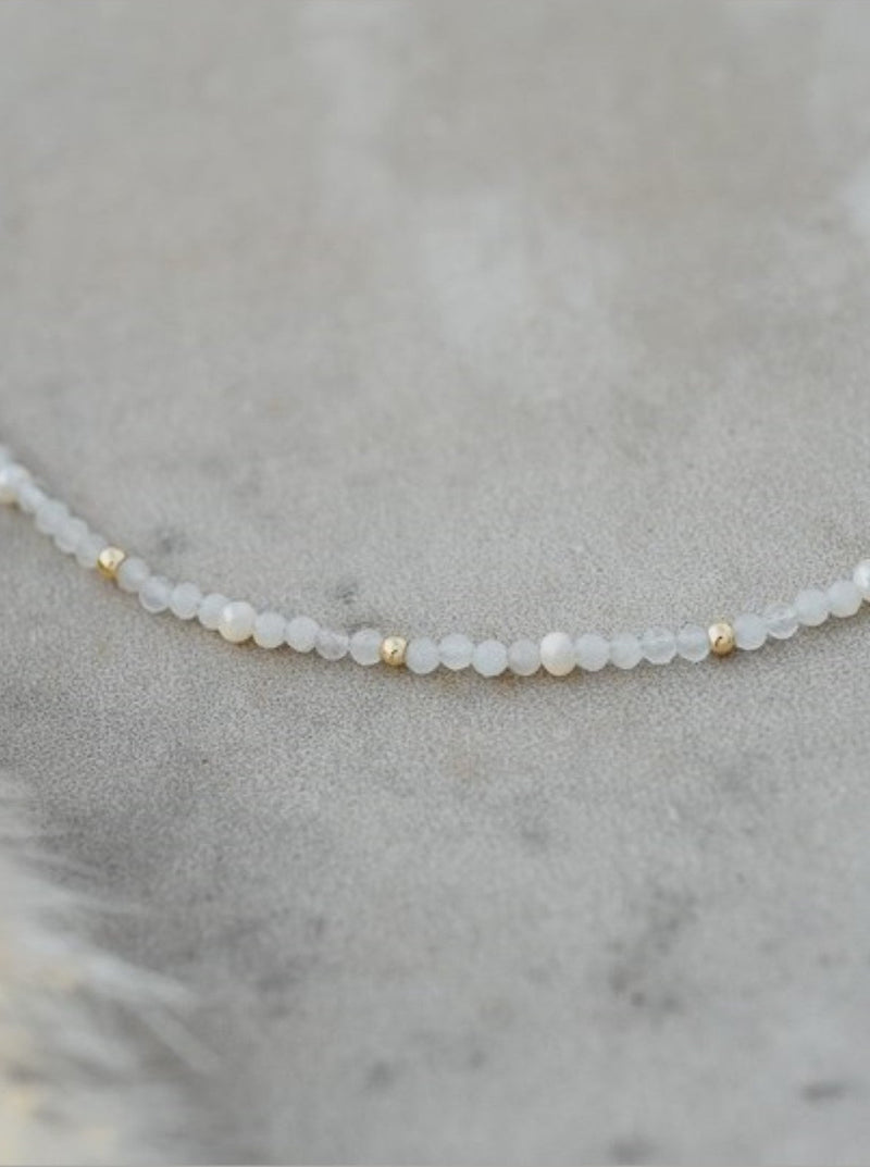 Beth necklace, white moonstone, freshwater pearls, 10-14k gold chain