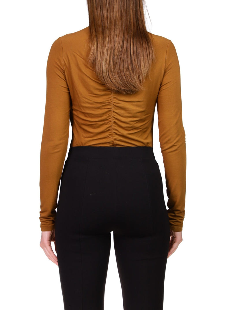 sanctuary long sleeve ruched top, mini v neck, jersey knit, fitted, spice