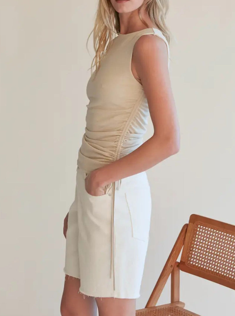 crescent valentina knit top, round neck, ruched sides with adjustable drawstrings, sleeveless, oatmeal