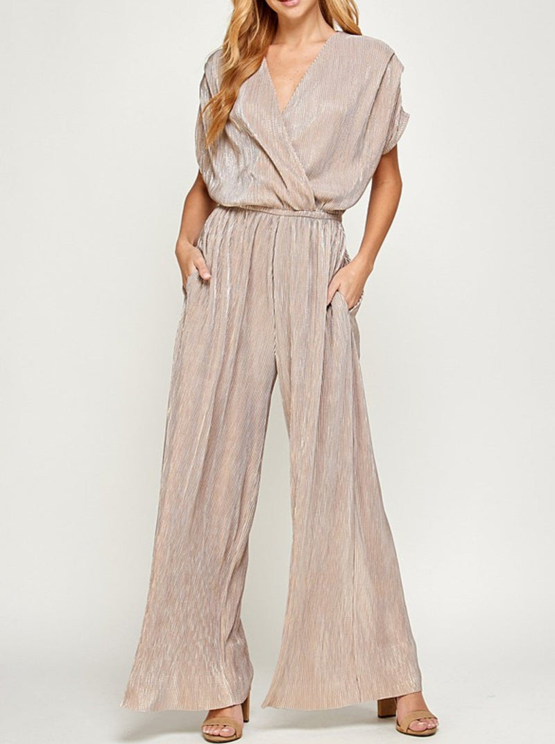 See and be Seen Metallic Pleats Jumpsuit, short sleeves, grey, gold
