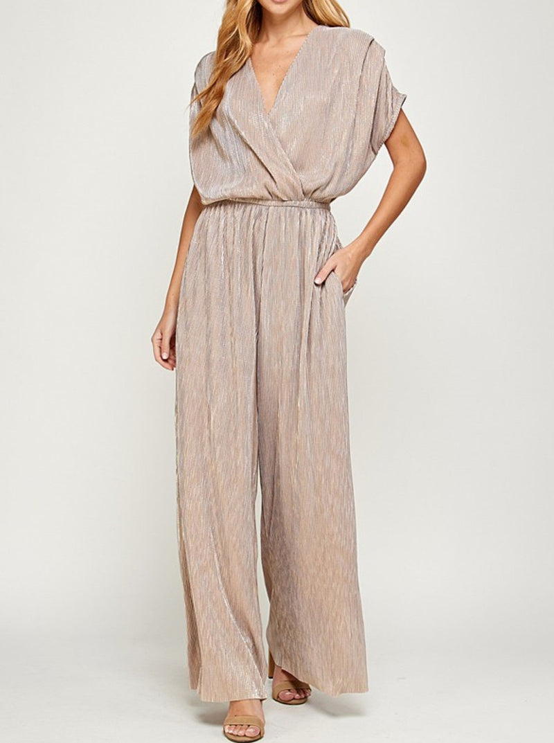 See and be Seen Metallic Pleats Jumpsuit, short sleeves, grey, gold