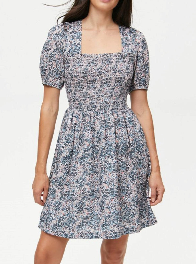 michael stars jude square neck floral above knee dress, short sleeves, admiral blue