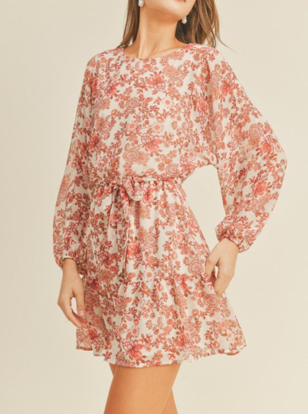 lush Floral Print Mini Dress, long sleeve with elastic cuff, elastic waist, ruffle hem, brown, berry