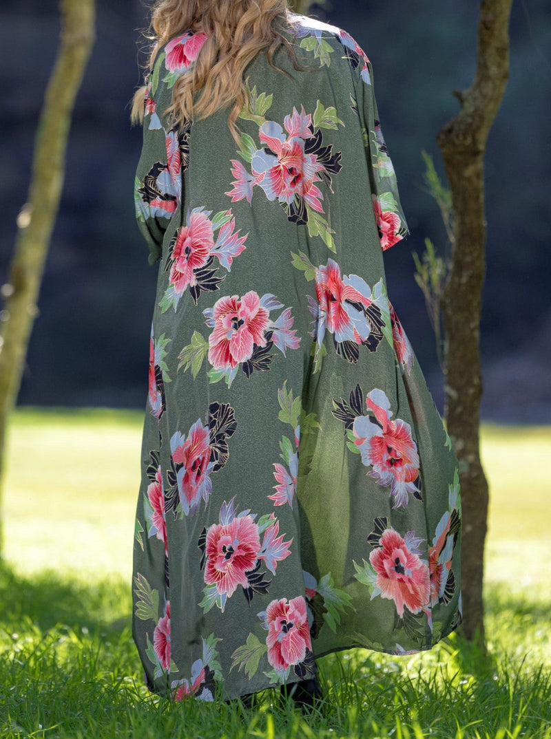 cienna designs emi floral print kimono sleeve duster, open front, olive green, allover floral print