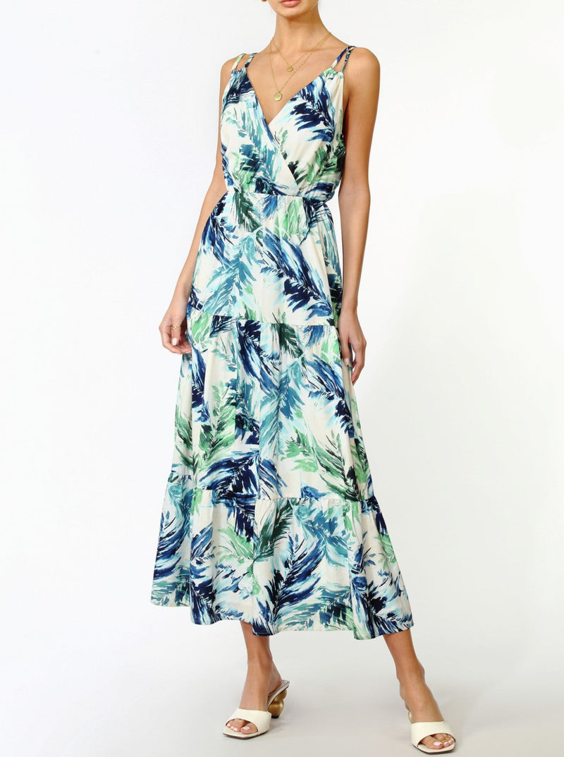 adelyn rae paradise tiered maxi dress, sleeveless, back zip closure, azure