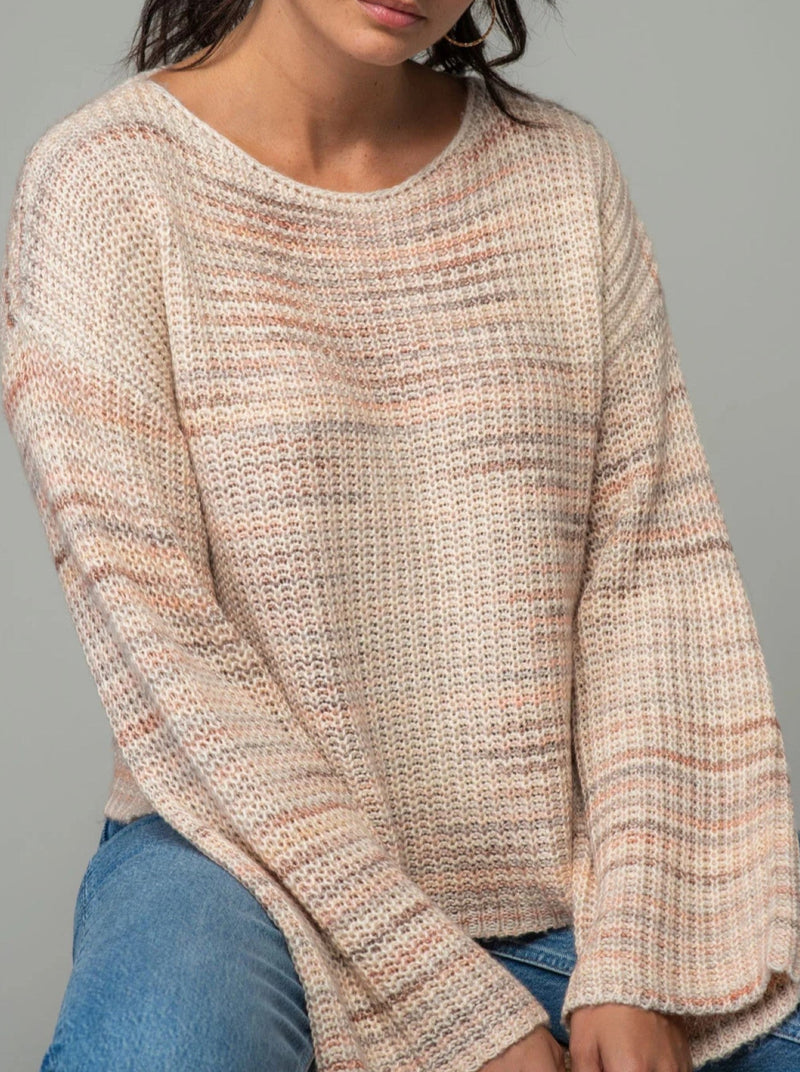 lovestitch Palma Space Dye Sweater, round neck, long bell sleeves, dusty blueh stripe