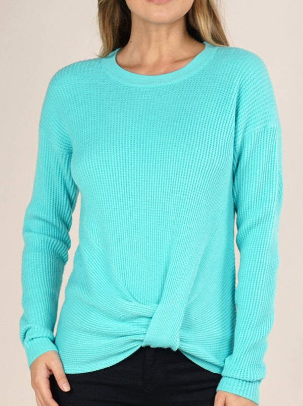 lovestitch knotted pullover sweater, crewneck, long sleeves, mint