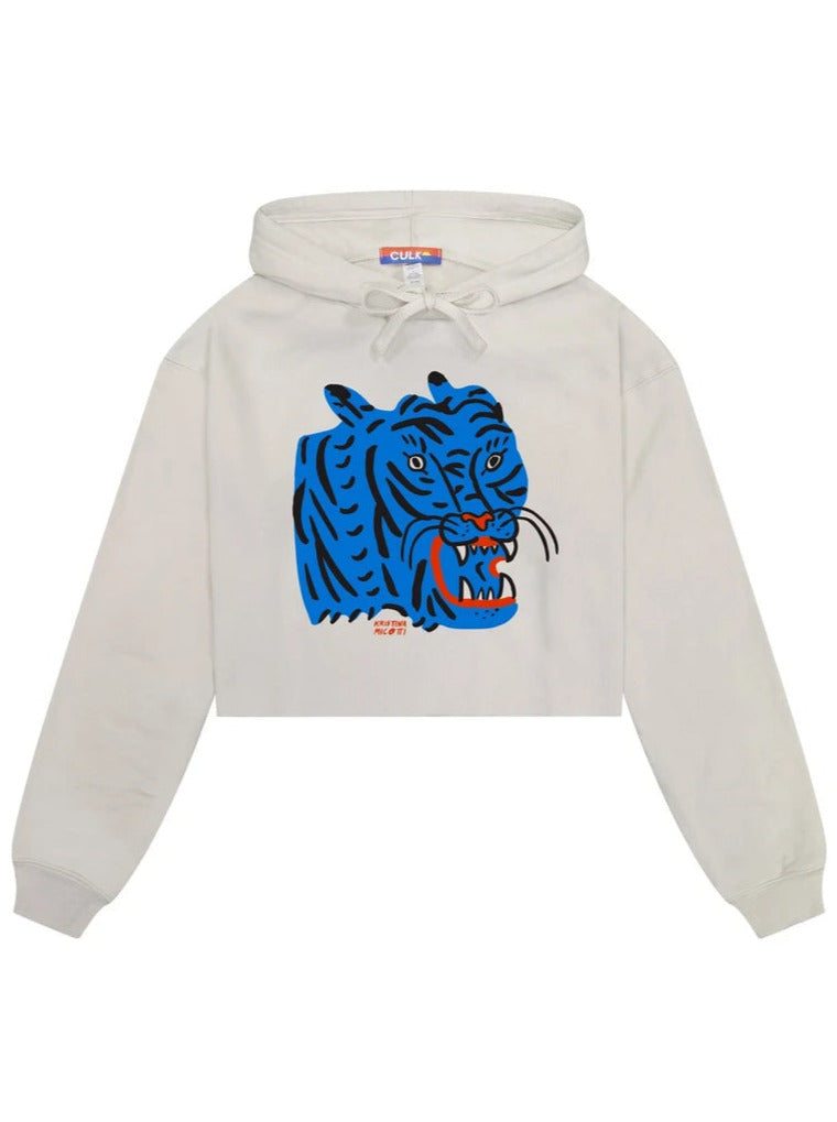 Culk, Blue Tiger Cropped Hoodie Sweatshirt, cream