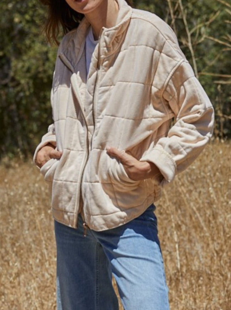 by together quilted jacket, zip front, mock neck, front pockets, sand