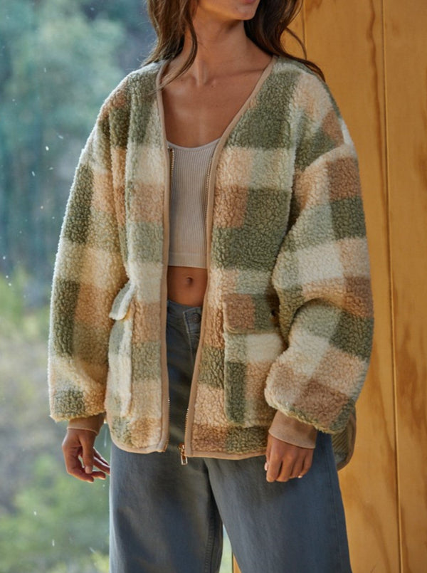 by together plaid sherpa jacket, zip front, front pockets, green, brown, plaid